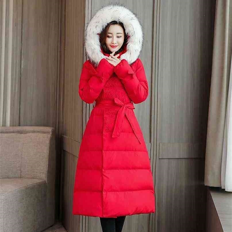 Women's flower trim down jacket winter coat fur collar hood pure cotton overcoat jumper DXM-006 210820