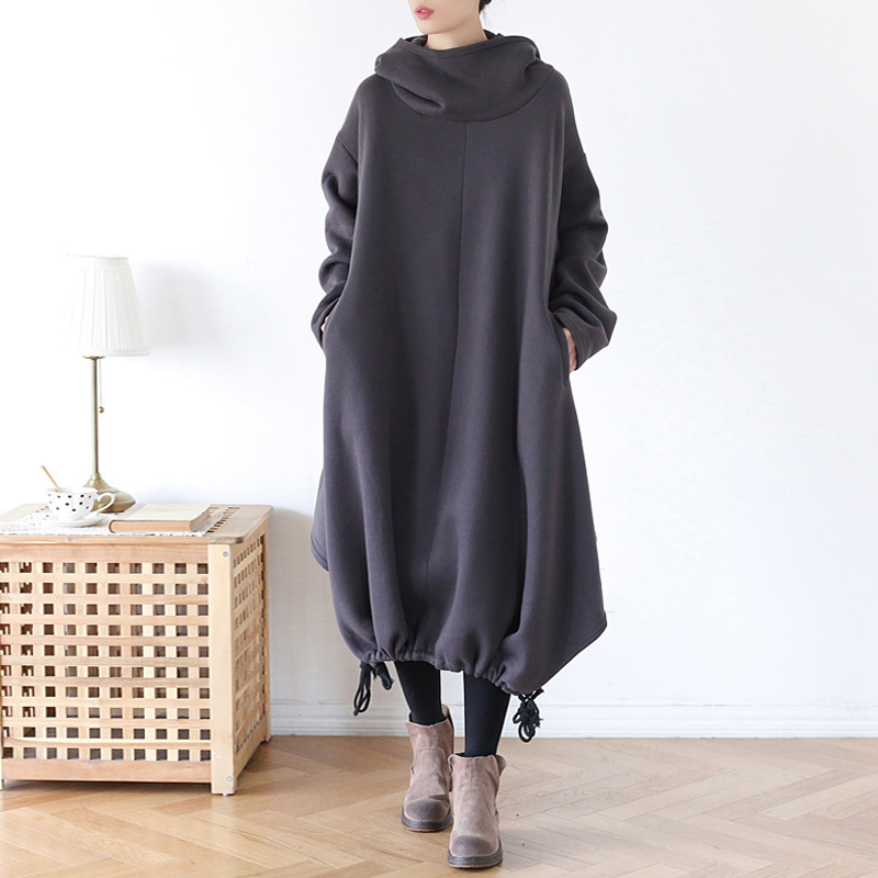 Johnature Women Gray Pullover Hooded Sweatshirts Warm Cloak Autumn Plus Size Women Clothes Terry Vintage Long Hoodies 201203