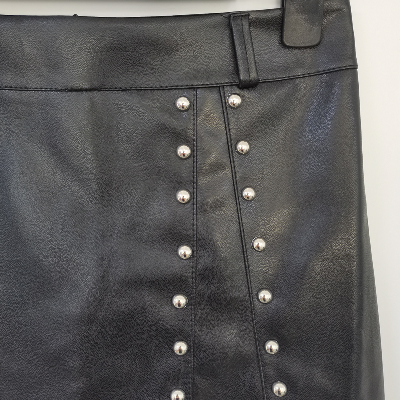 Flectit Womens Faxu Leather Studded Mini Skirt High Waisted A-Line Black Rivets Skirt Cool Punk Style * 210303
