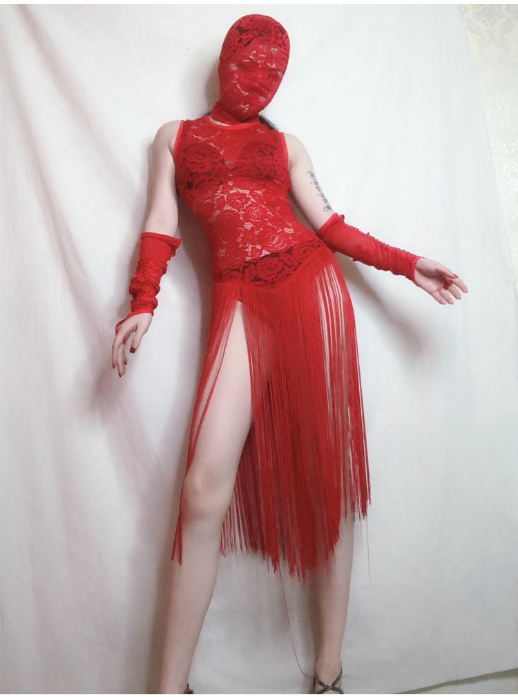 Women New Sexy Red Mesh Perspective Tassel Bodysuit Singer Nightclub Party Pole Dance Costume Festival Teams Performance Wear