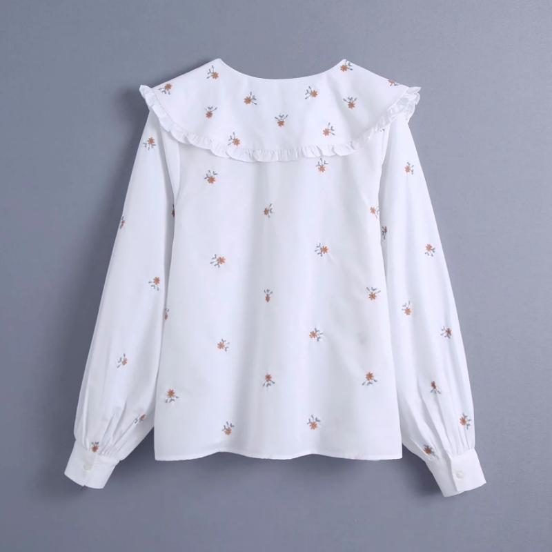 Spring Women Flower Embroidery Peter Pan Collar Shirt Female Long Sleeve Blouse Casual Lady Loose Tops Blusas S8666 210225