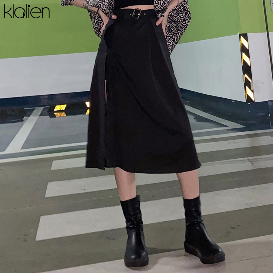 KLALIEN Fashion High Waist Black Midi Skirt Women summer streetwear casual split Hem Asymmetric long Skirt ladies new 210309