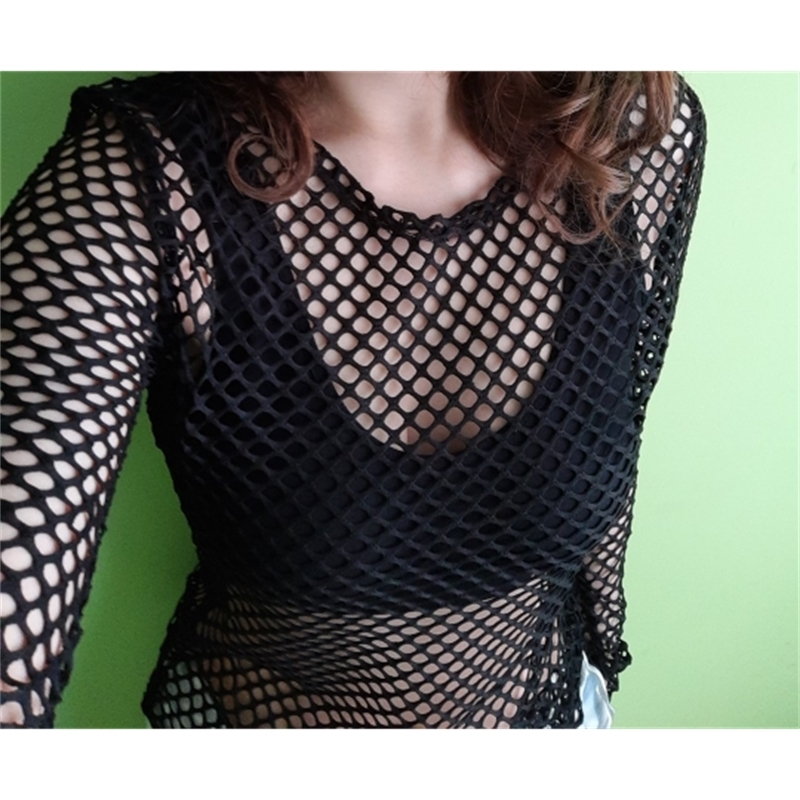 Rosetic Sexy Fishnet Tops Women Black Sexy Gothic Mesh Hollow Out Long Sleeve Top Ripped See Through Summer Ladies Shirt