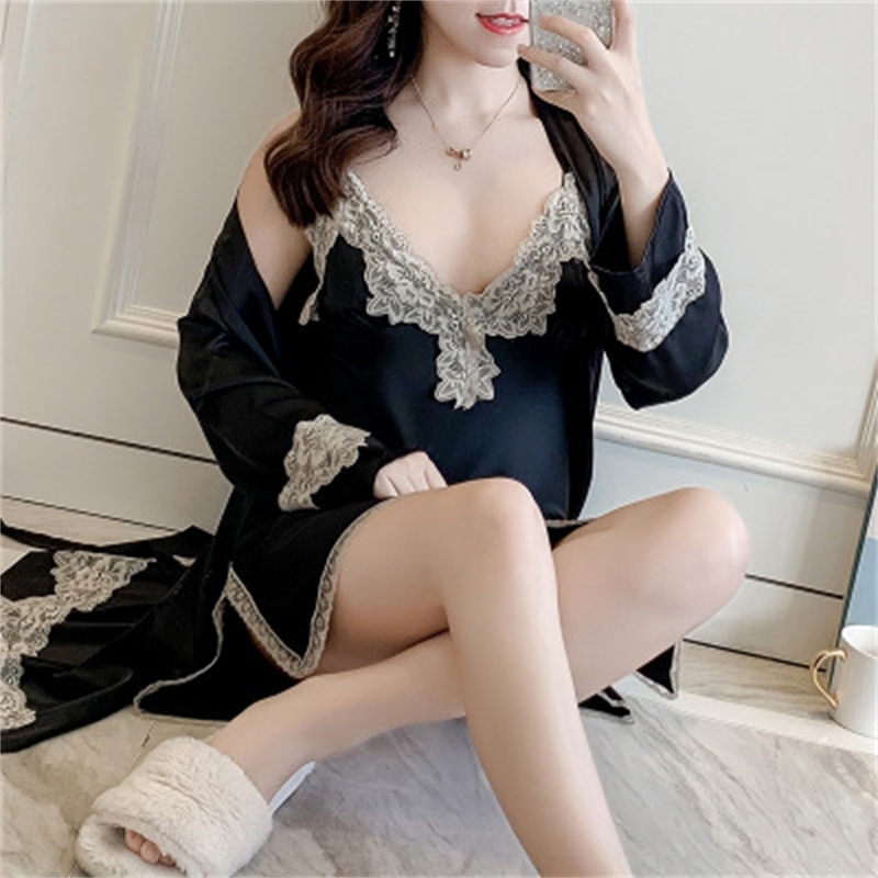 HaloSweet Women's Pajamas Silk Robe Female Negligee Night Set Dressing Gown Lounge Set Peignoir Lace Nightgown And Bathrobe 210203