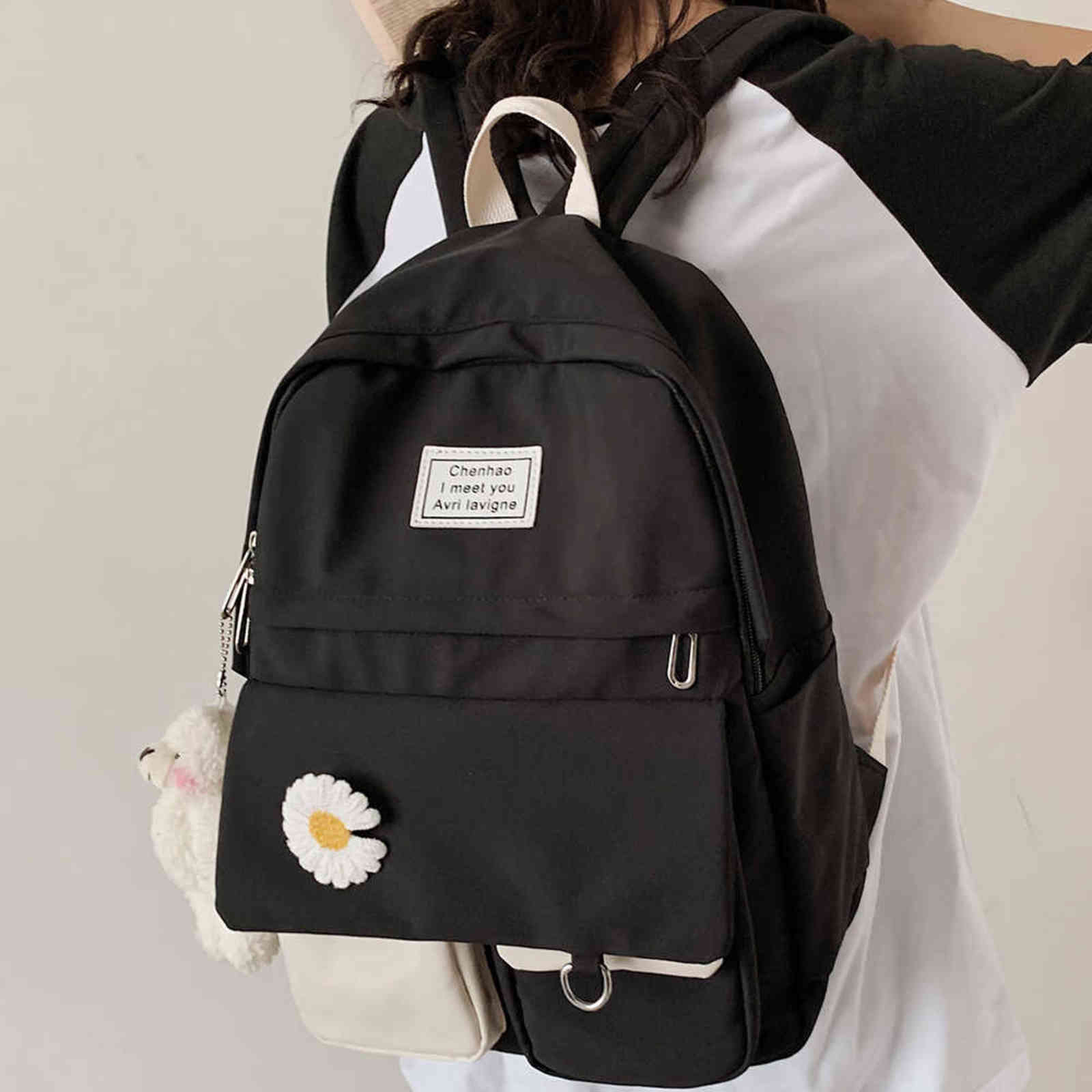 Girl College Student Backpack Cute Flower Nylon Women School Bag Lady Kawaii Backpack Female Fashion Bags Book Trendy Travel New Y1105
