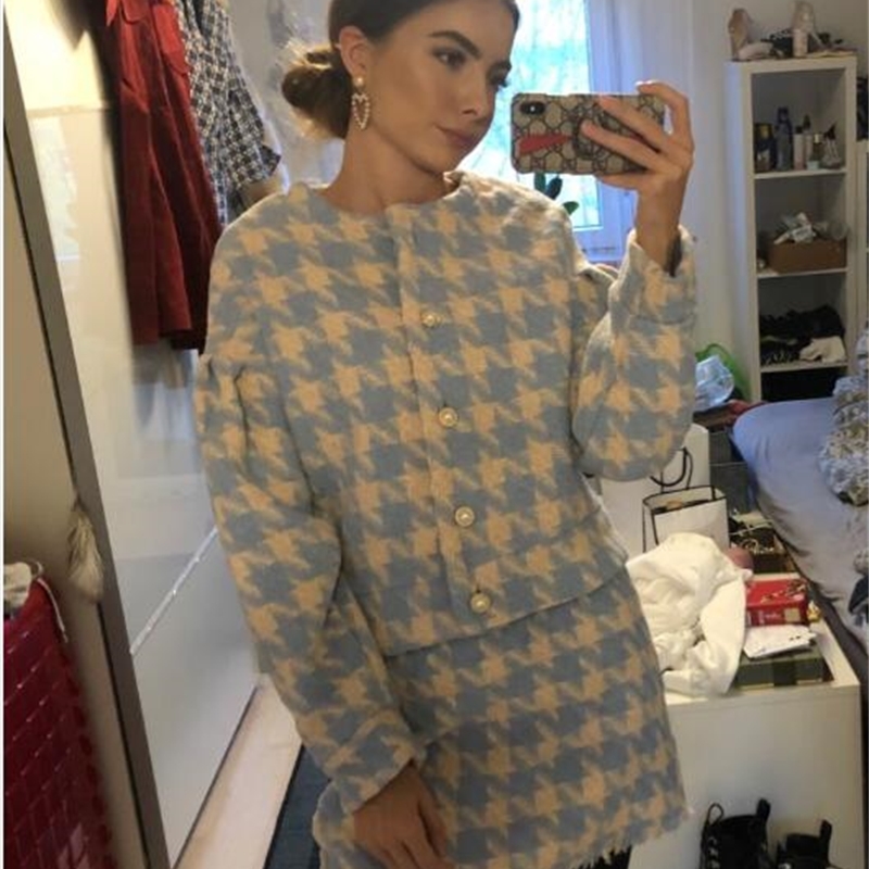 Women Pearl Button Check Gingham Plaid Blazer High Waist A line Mini Short Skirts Long Sleeve Suits 2 Pieces Set
