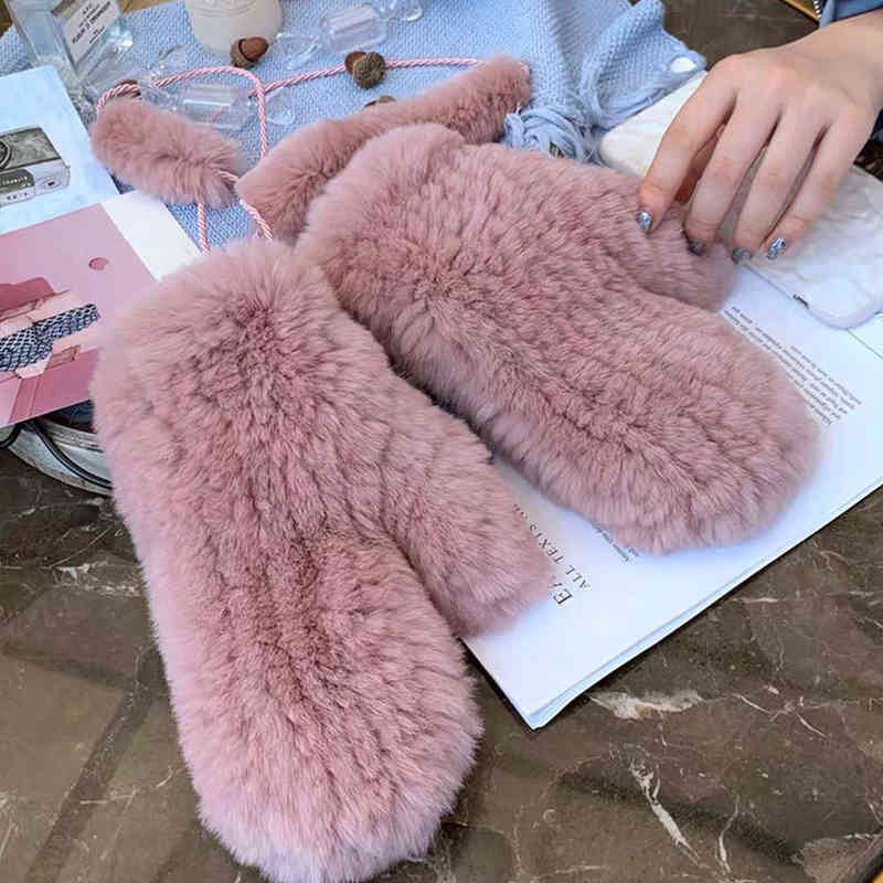 Women's Winter Real Rex Rabbit Fur Gloves Warm Thick Ladies Mittens Elastic Girls Ski Glove Mitts Soft With String 211223