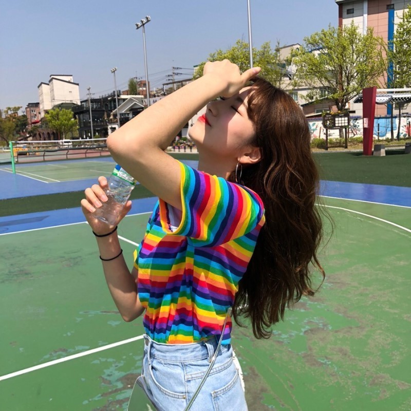Summer Clothing Woman Tshirt Top Korean Style Tshirts Ulzzang Harajuku Rainbow Striped Short Sleeve Tshirt For Women Tees T200614