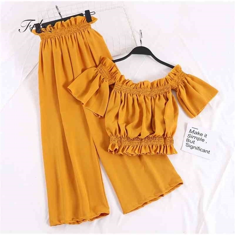 Sexy Boho Two Piece Sets Woman Fashion Off The Shoulder Crop Top + Loose Pants Summer Suits Women Beach Wear Casual Set 210602
Sexy Boho Two Piece Sets Woman Fashion Off The Shoulder Crop Top + Loose Pants Summer Suits Women Beach Wear Casual Set 210602