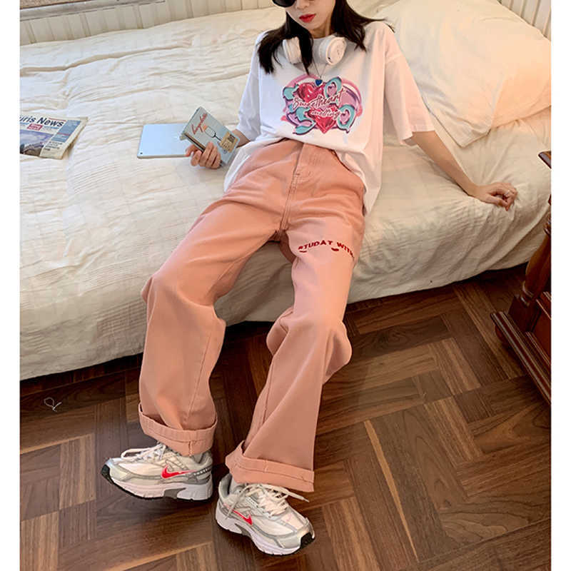 Women's Jeans Pink vintage Embroidery Streetwear High Waist Wide Leg Pants Baggy Harajuku Straight Mom Denim Trouser 210922