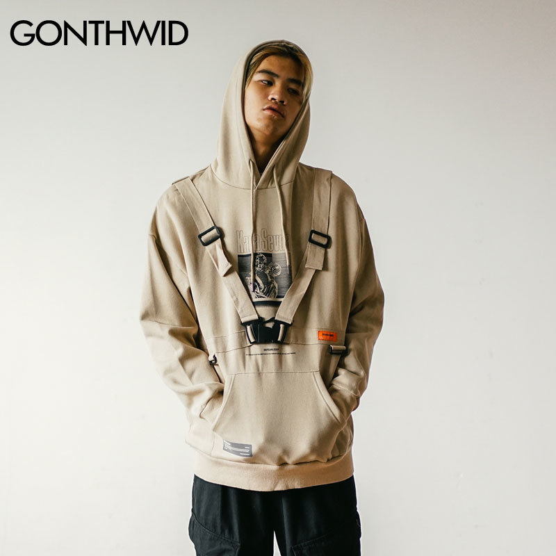 GONTHWID Blind Love Print Buckle Ribbons Fleece Hooded Sweatshirts Pullover Hoodies Streetwear Hip Hop Hipster Casual Tops Mens 201103
