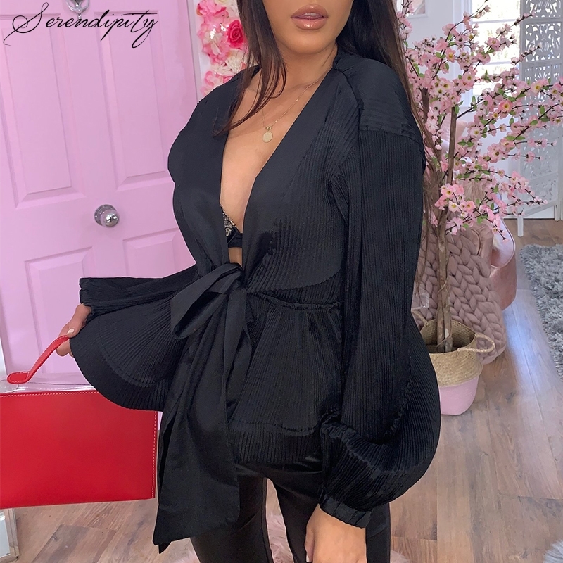 Chiffon Pleated Ruffle Female V Neck Blouse Shirt for Women Feminina Lantern Sleeve Elegant Chemisier Top Blusa Chemise Femme 210225