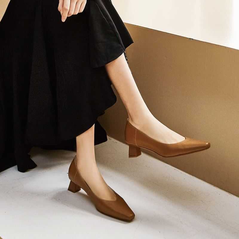 ALLBITEFO fashion pure color office women heels natural genuine leather high heel shoes elegant square toe ladies shoes 210611