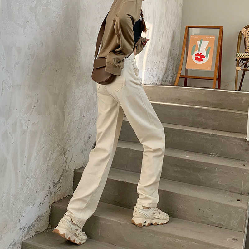 High Waist Spring Fashion Jeans Women Pants Beige Wide Leg Straight Harajuku Streetwear Casual Trousers Jean Femme 210922