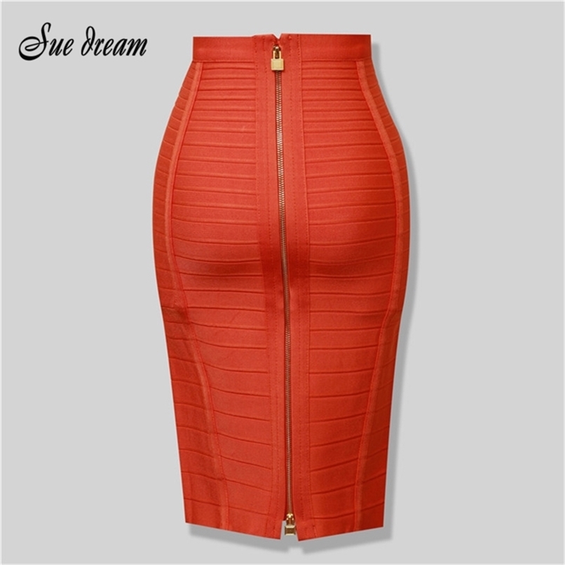 High Quality Women's Sexy Black Red Blue Orange Zipper Rayon Bandage Skirt Bodycon Club Party Pencil 210619