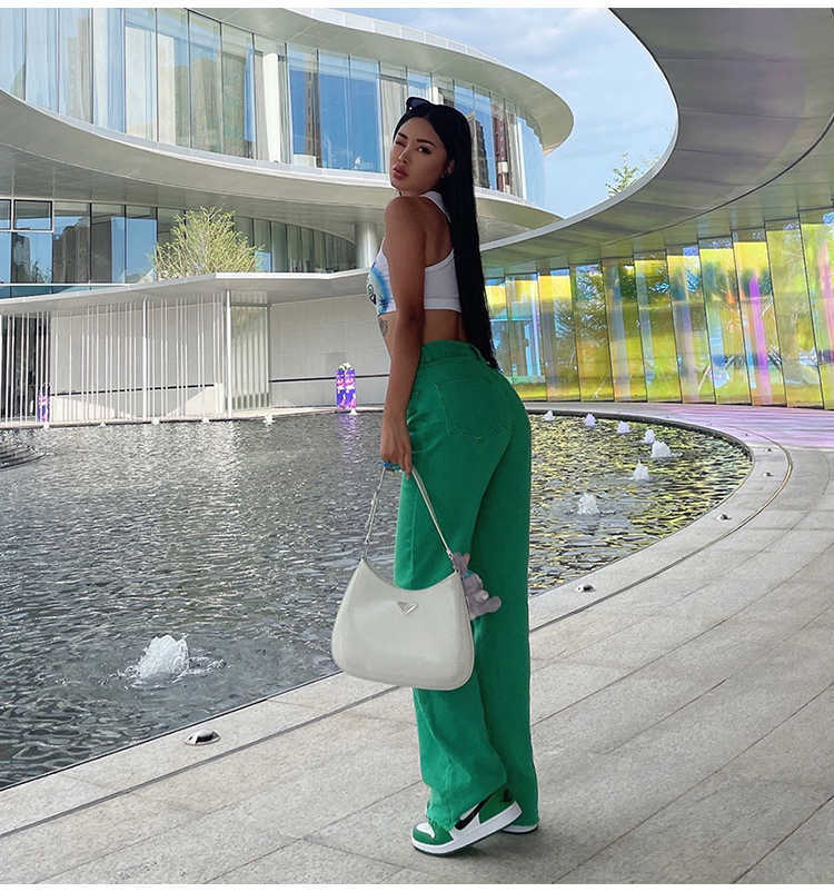 solid color jeans girl streetwear fashion clothing green slim straight leg pants hip-hop mom 210809