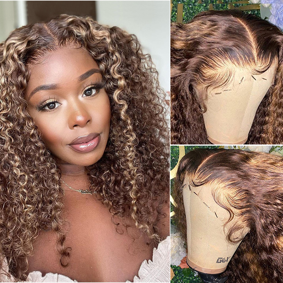 Ombre Curly Human Hair Wig Water For Women Wigs Brazilian Lace Front Short Bob Highlight Hd Transparent Deep Wave Frontal 150%