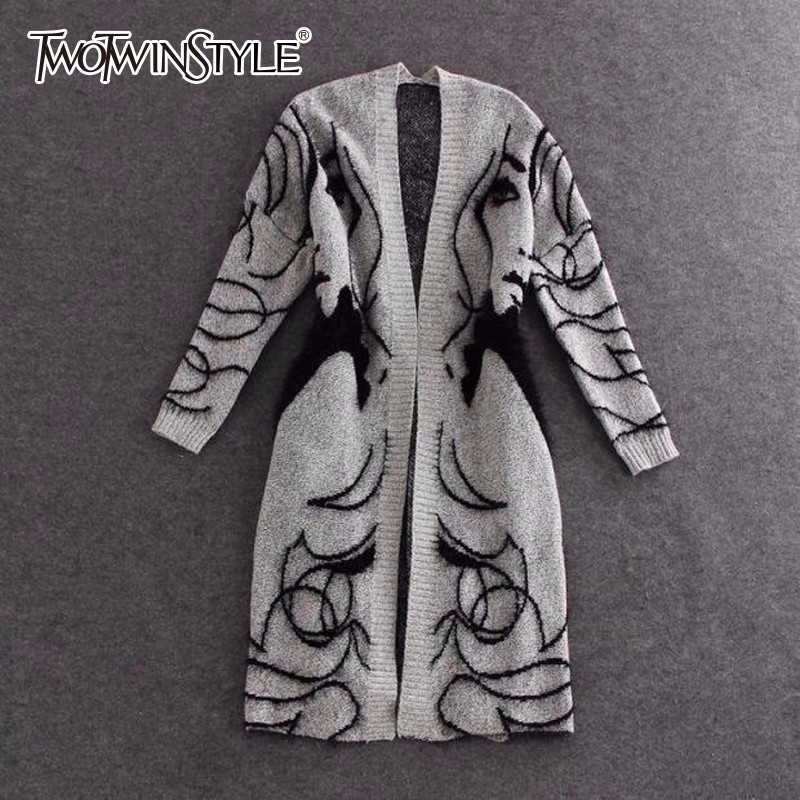 TWOTWINSTYLE Knitted Long Sweater Trench Coat Women Autumn Winter Big Size Cardigan Batwing Sleeve Female Jumper Cardigan 210218