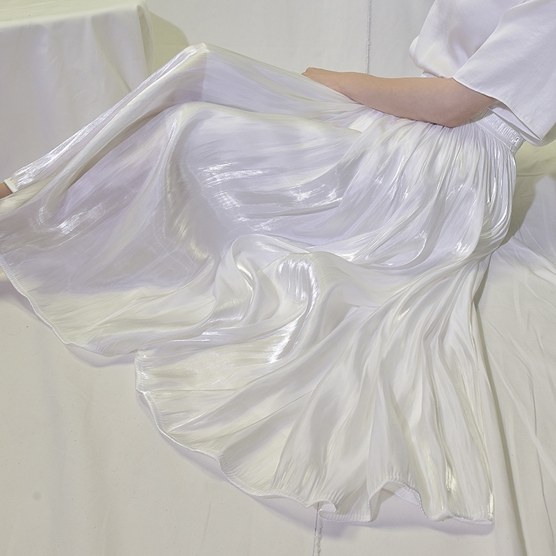 Silk Satin Skirt Long Woman Casual Women Skirt Pleated Korean Style Chiffon Beach Summer Skirts Womens With Elastic Waist 210309