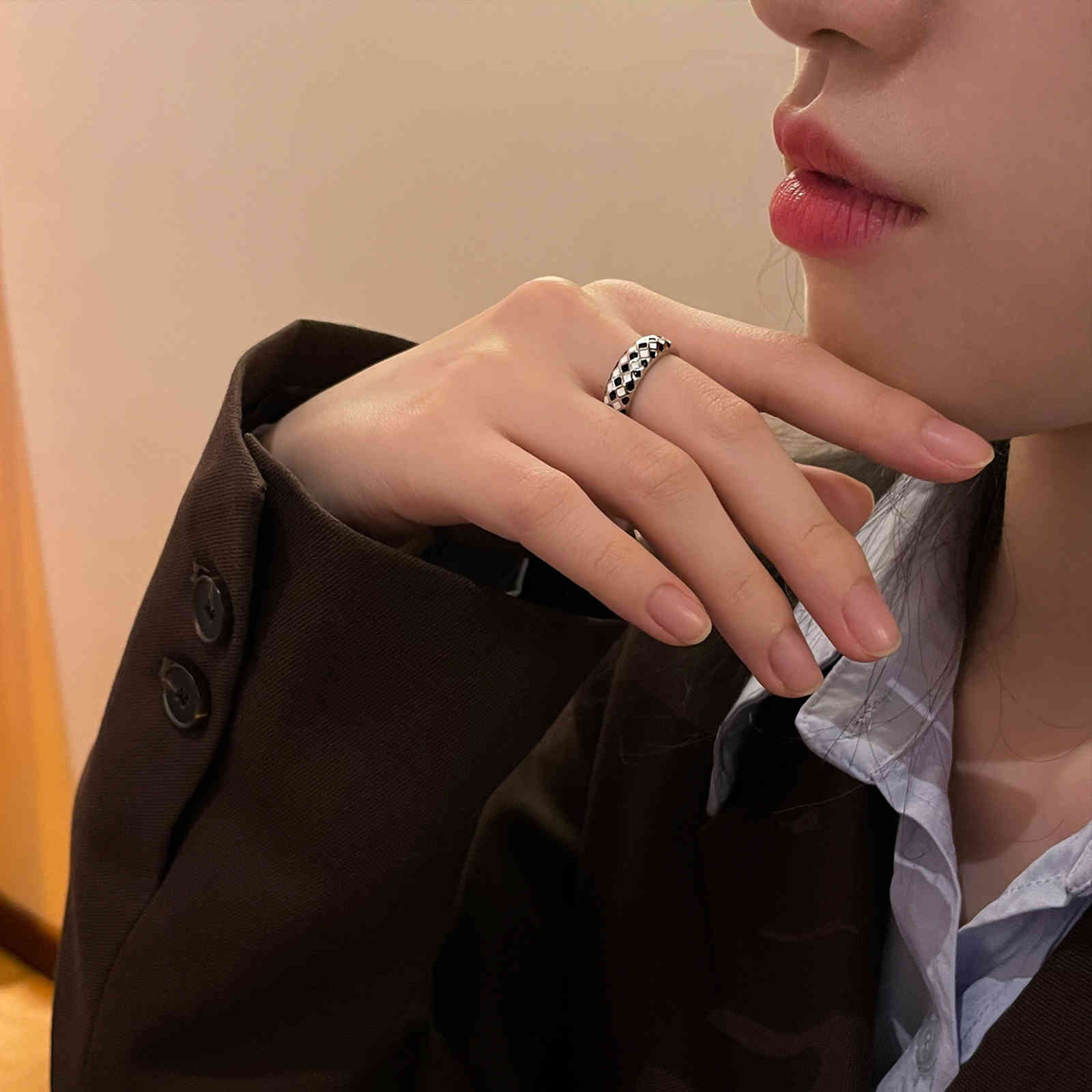 925 Sterling Silver Drop Glaze Opening Adjustable Checkerboard Ring Female Ins Minority Cool Style Personalized Design