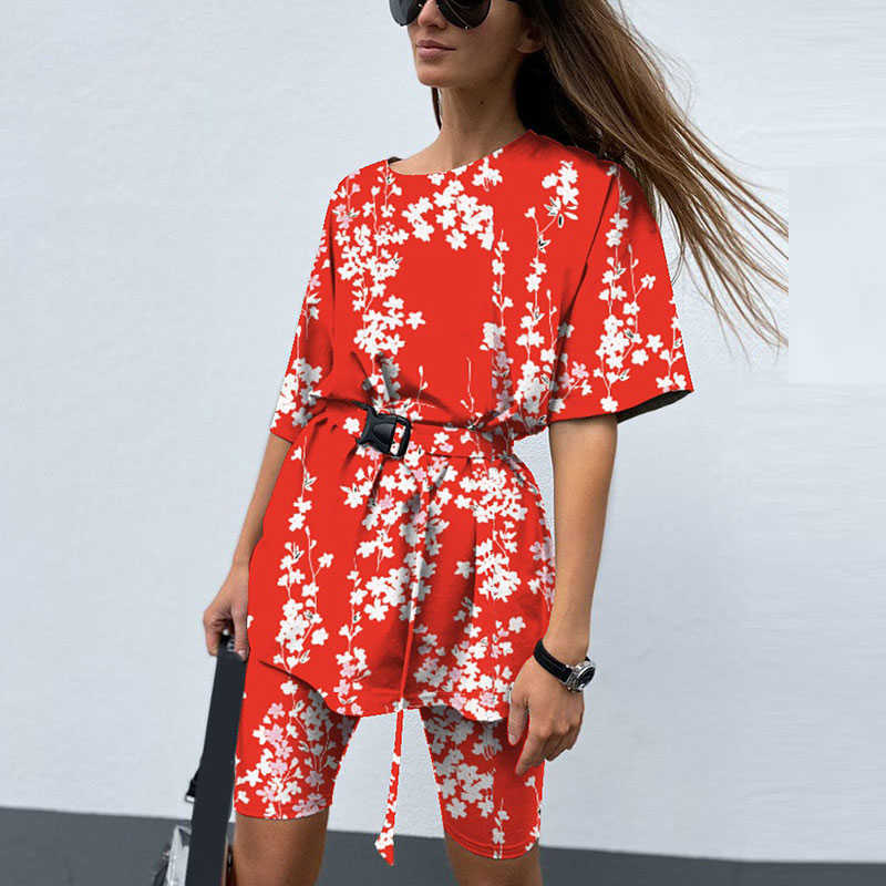 Casual Tie Dye Women Two Piece Sets With Belt Home Loose Sports Tracksuits Fashion Leisure Bicycle Suit Summer Clothing 210709