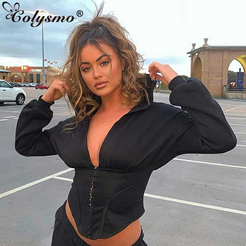 Colysmo Black y2k Sweatshirt Single Breasted Lantern Sleeve Patchwork Hoodie Solid Color Cropped Jacket Casual Streetwear Women 210527