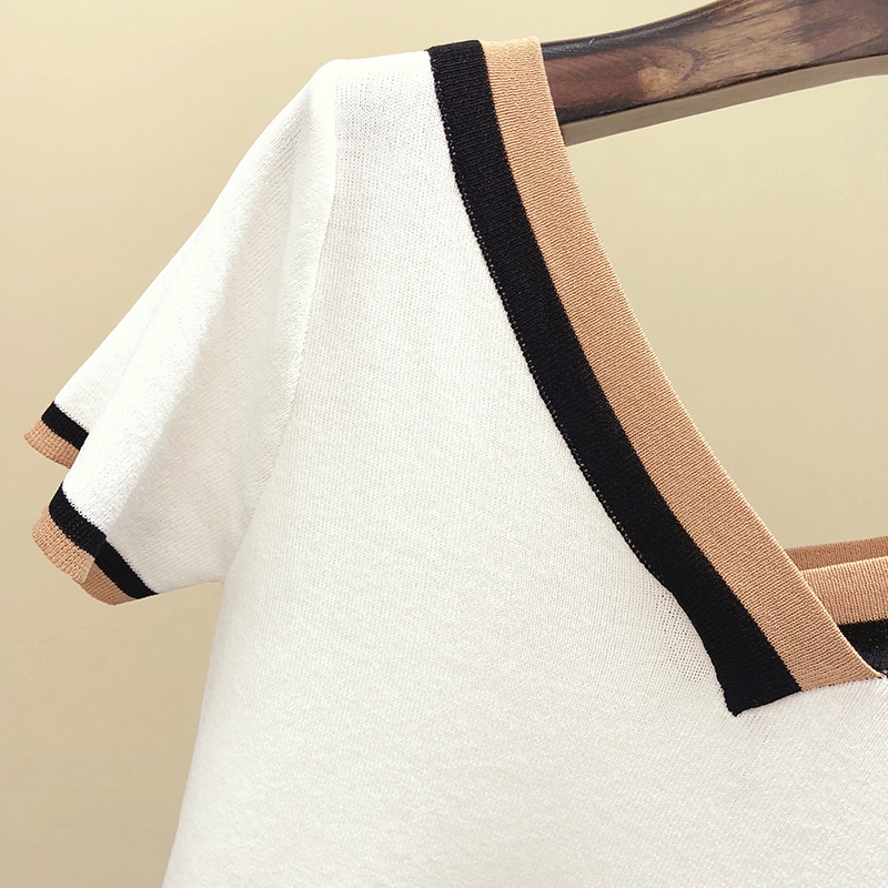 VNeck T Shirt Women Tshirt Contrast Color Striped Knitted Summer Top TShirt Woman Clothes Tee Shirt Femme Camisetas Mujer T200614