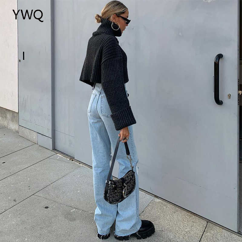 Cargo Pants Women Jeans High Waist Ripped Baggy Jeans Fashion Vintage Knee Hole Full Length Pants Solid Blue Cool Denim Trousers 210616