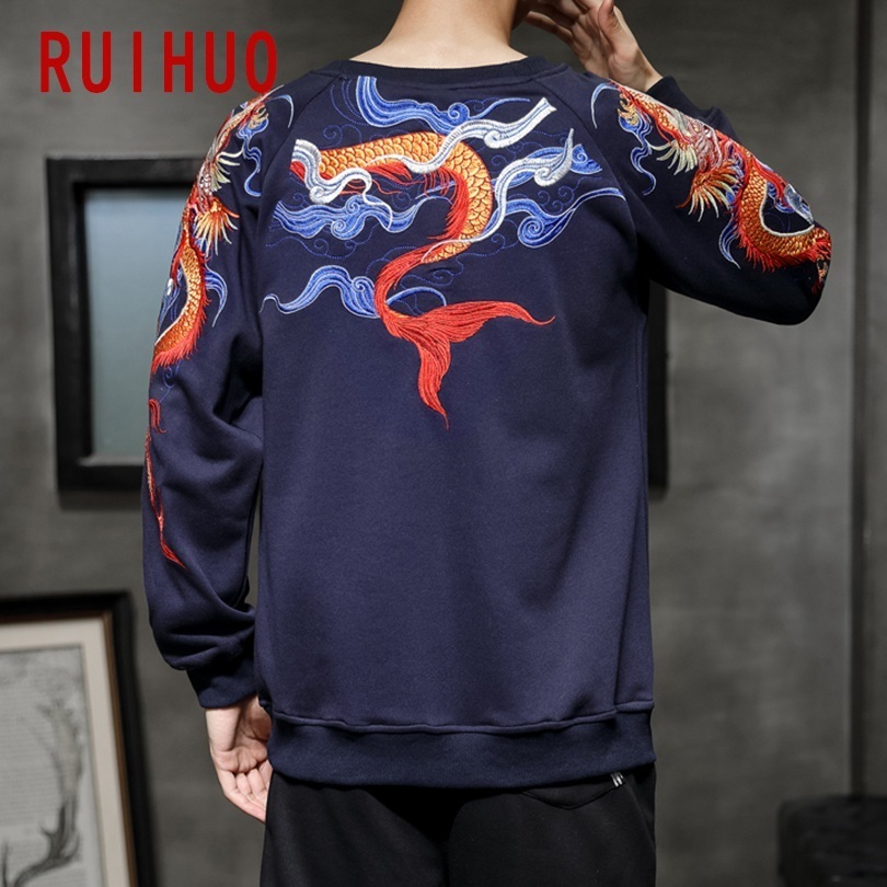 RUIHUO Autumn Chinese Dragon Embroidery Sweatshirt Men Japanese Streetwear Men's Sweatshirt Fashion Sweatshirts For Men 5XL 201020