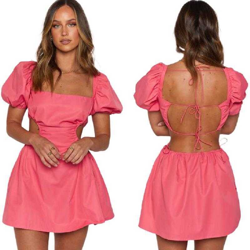 Sexy Backless Mini Dresses Women Summer Square Collar Lace Up Hollow Out Puff Sleeve High Waist A-Line Dress Femme Vestidos 210526