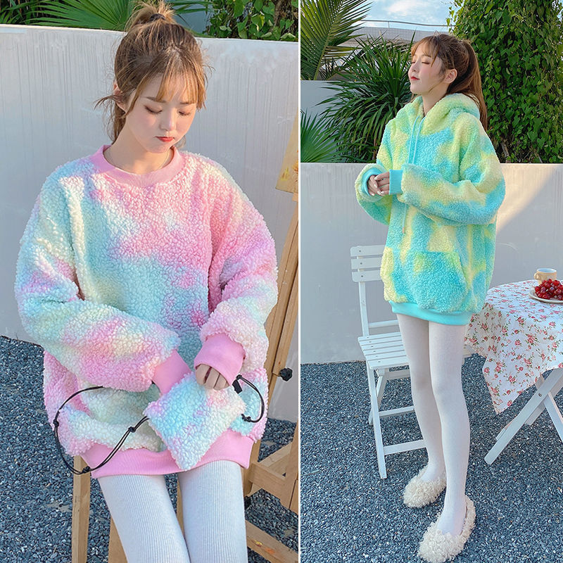 VmewSher New Tie Dye Oversized Women Hoodie Faux Fur Lamb Colorful Kawaii Loose Streetwear Sweatshirts Hooded Casual Pullovers 201217