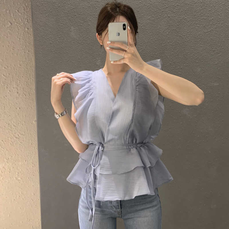 Korejpaa Women Shirt Summer Korean Chic Gentle Temperament Cross V-Neck Ruffle Stitching Lace-Up Waist Blouses 210526