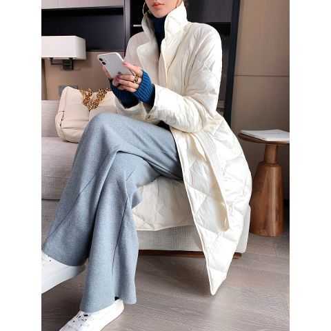 Long Winter Coat Rhombus Pattern Casual Sashes Women Parkas Pockets Tailored Collar Puffer Jacket Cotton-padded Outwear 211014