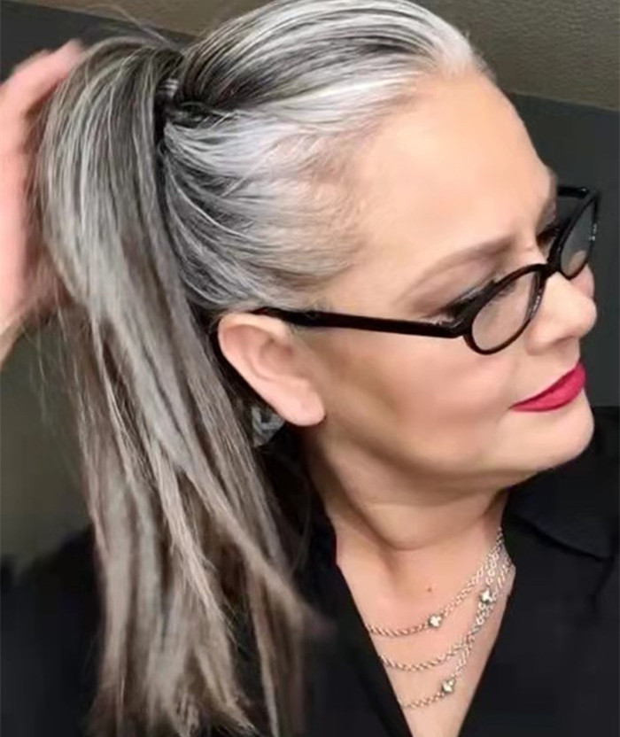 Gray Ponytail Hair Extensions Wrap Around Straight Pony Tail Hairpiece for Women Off Black Highlights with Silver Grey Real Extension Human hairs 100g