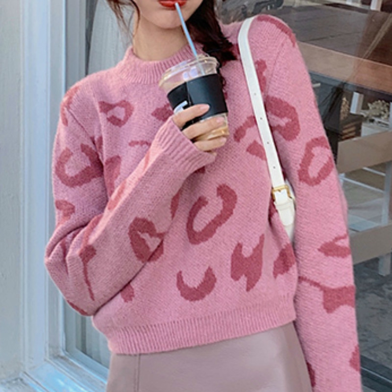 Women Cropped Sweater Vintage Argyle Pattern Pullover Knitted Top Sweet Print O-neck Long Sleeve 90s Autumn Winter Sweater Woman 210218
