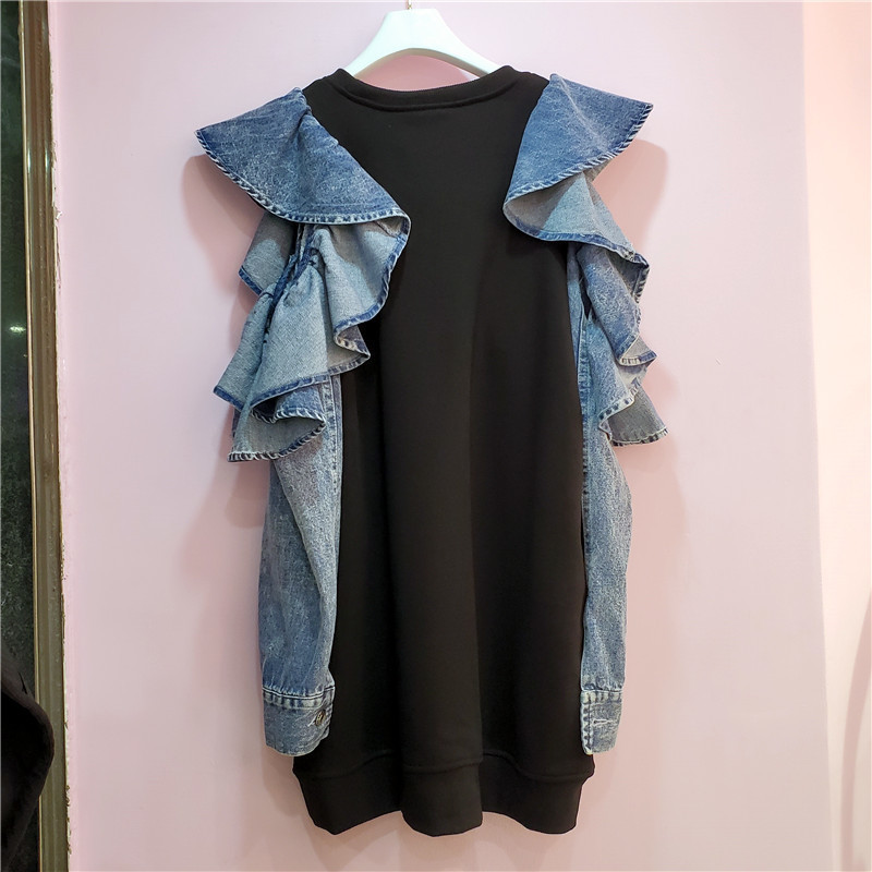 [EWQ] Autumn New Ladies Pullovers Tops Fashion Stitching Denim Hollow Out Shoulder Ruffled Sleeve Sweatshirt Women 16Q411 201028