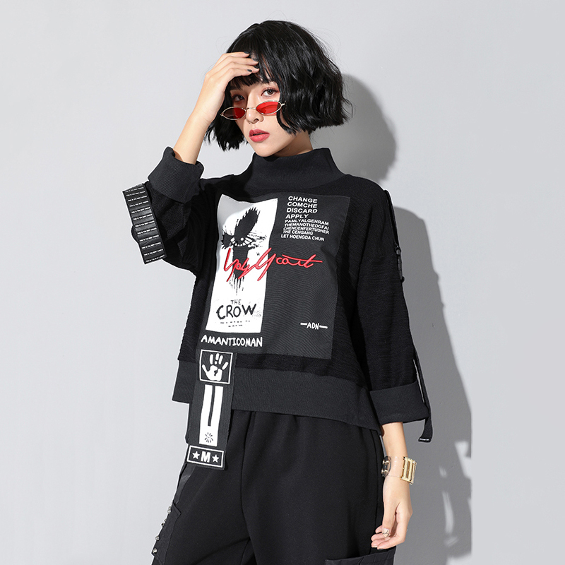 Print Letter Pattern Sweatshirt Women Hoodies Korean Fashion Pullover Patchwork Ribbon Loose Casual Clothes Autumn Winter 201102
