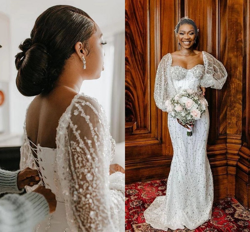 Arabic Mermaid Wedding Dresses 2022 sweetheart Crystal Long Sleeve Beaded bohemian lace-up aso ebi african bridal gowns Vestido De Novia