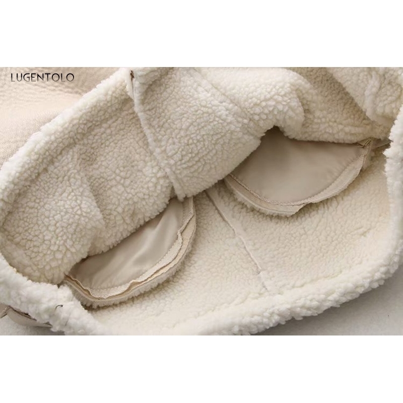Lugentolo Leather Jacket Women Winter Lamb Wool Turndown Fur Collar Long Sleeve PU Moto Zipper Keep Warm Thick Coat T200811