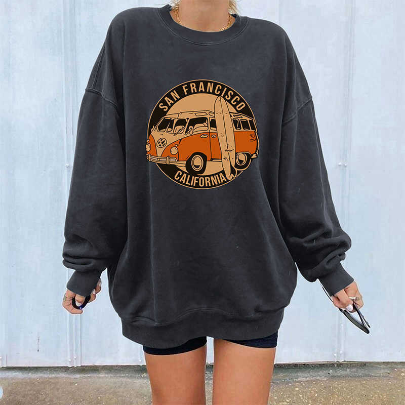 Low Price Promotion Women Sweatshirts San Fran California Buses Print Oversized Top Woman Drop-shoulder Pullovers Female 210910