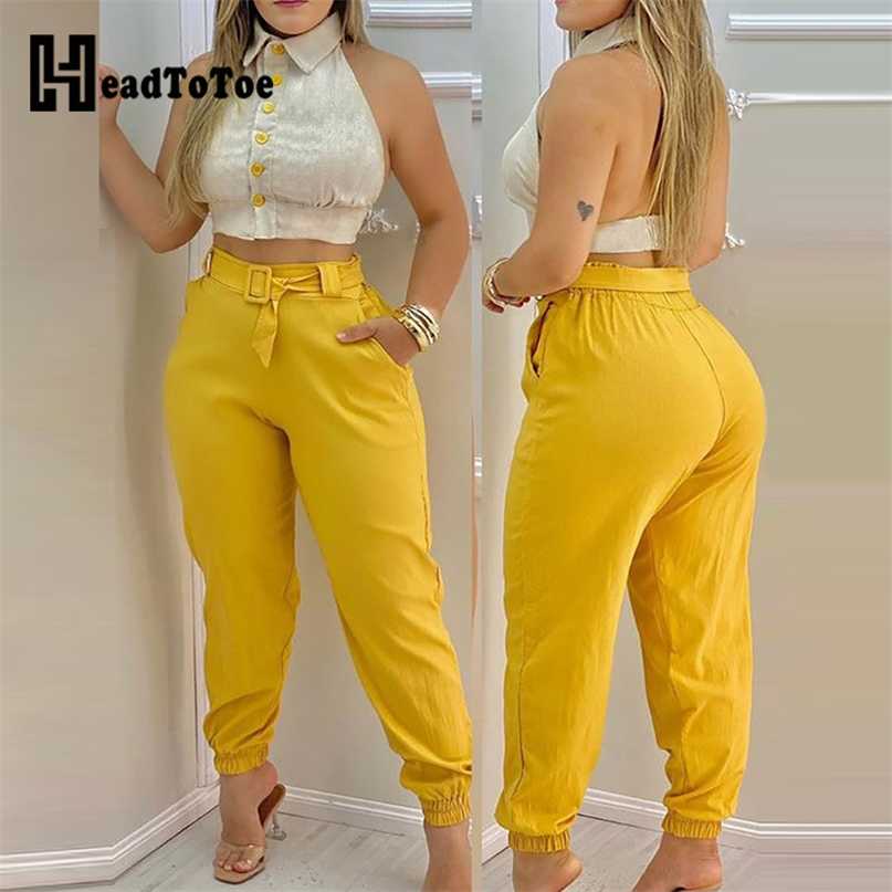 Colorblock Backless Crop Top & Plain Pants Set Women Summer Two Piece 211105