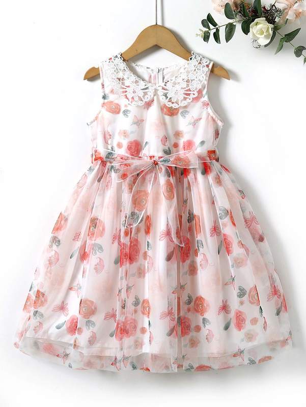 Girls Floral Print Contrast Guipure Lace Belted Mesh Dress SHE