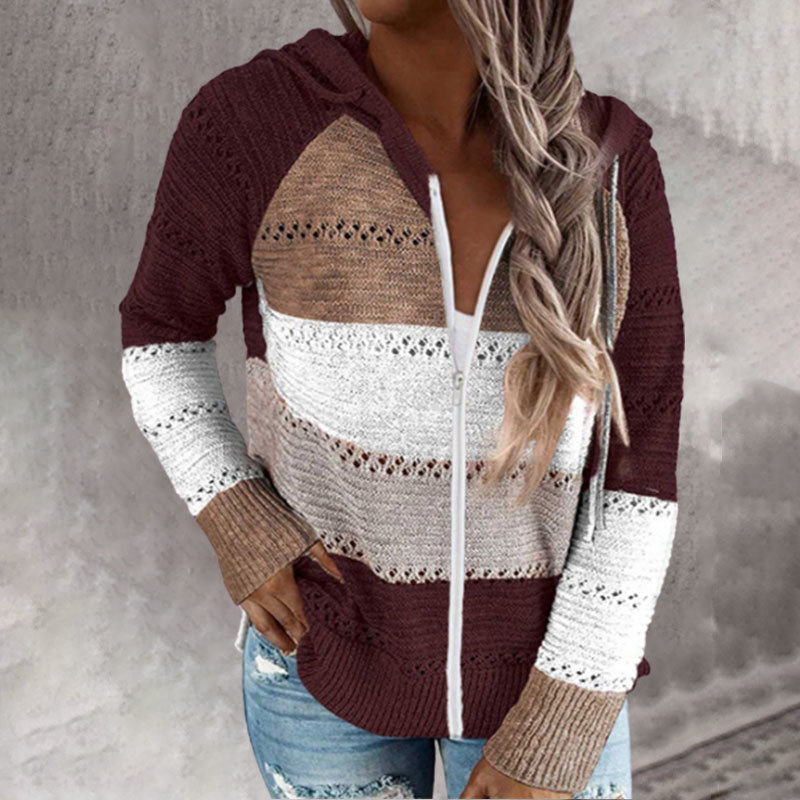 Female Patchwork Autumn Vintage Hoody Hole Coat Soft Casual Knitted Zipper Hoody Hoodie For Women S-V 201211