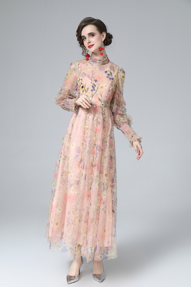Women's Runway Dress Stand Collar Long Lantern Sleeves Printed Ruffles Elegant Fashion Party Prom Gown