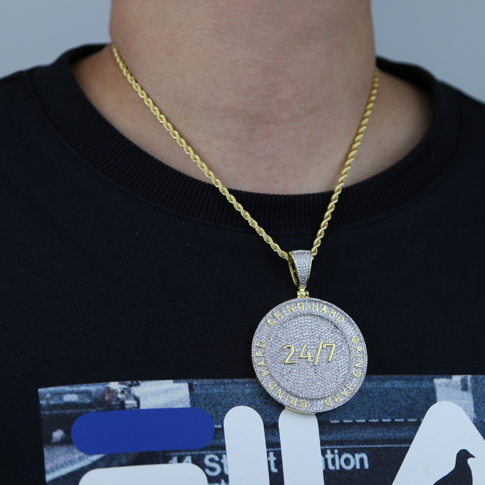 Drop ship hip hop penadnt Necklace with gold plated engraved Letter Grind Hard with Full Cubic zircon Paved Round Charm Punk styles Jewelry For Men Wo