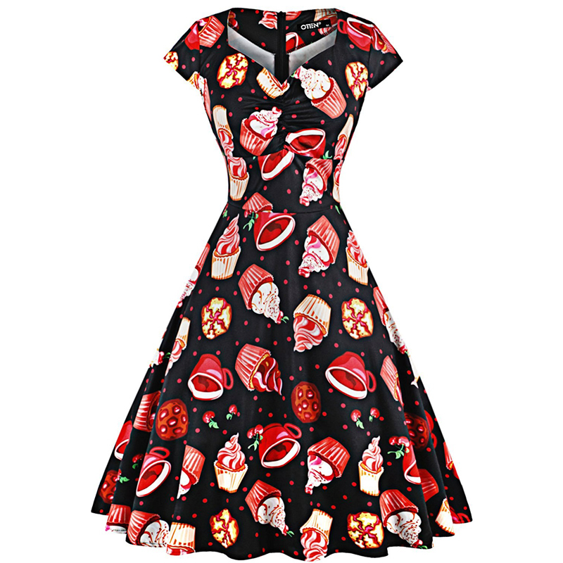 OTEN Halloween Summer skater dress elegant Vintage Red Sugar Skulls Flower print 50s rockabilly Evening Party Plus size Dresses 210315