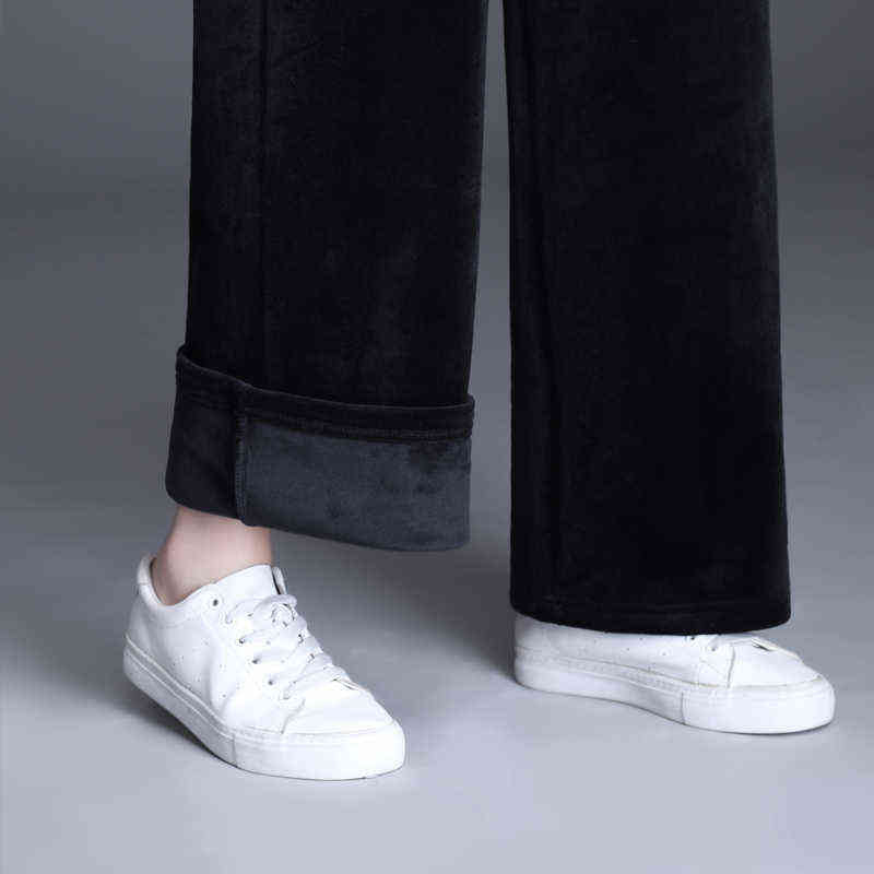Trouser For Women High Waist Causal Loose Wide Leg Pants Female Winter Warm Thick Double Velvet Korean Fashion Elegant 211115