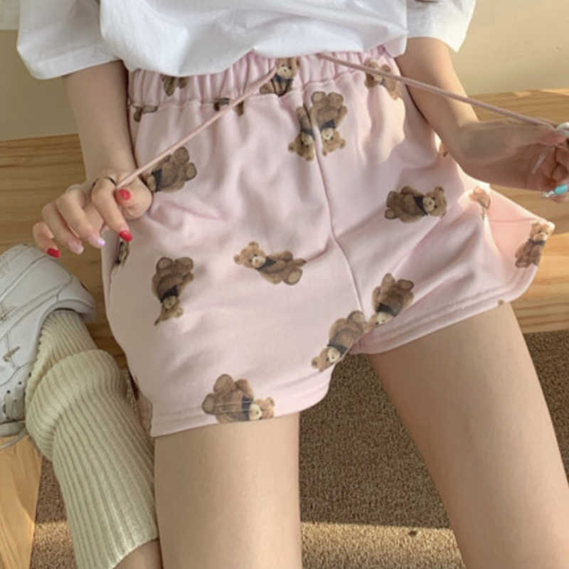 Korean Cartoon Bear Printed Shorts Women Lace Up Stretch High Waist Bottoms Summer Causal Wide Leg Short Feminimo 6G964 210603