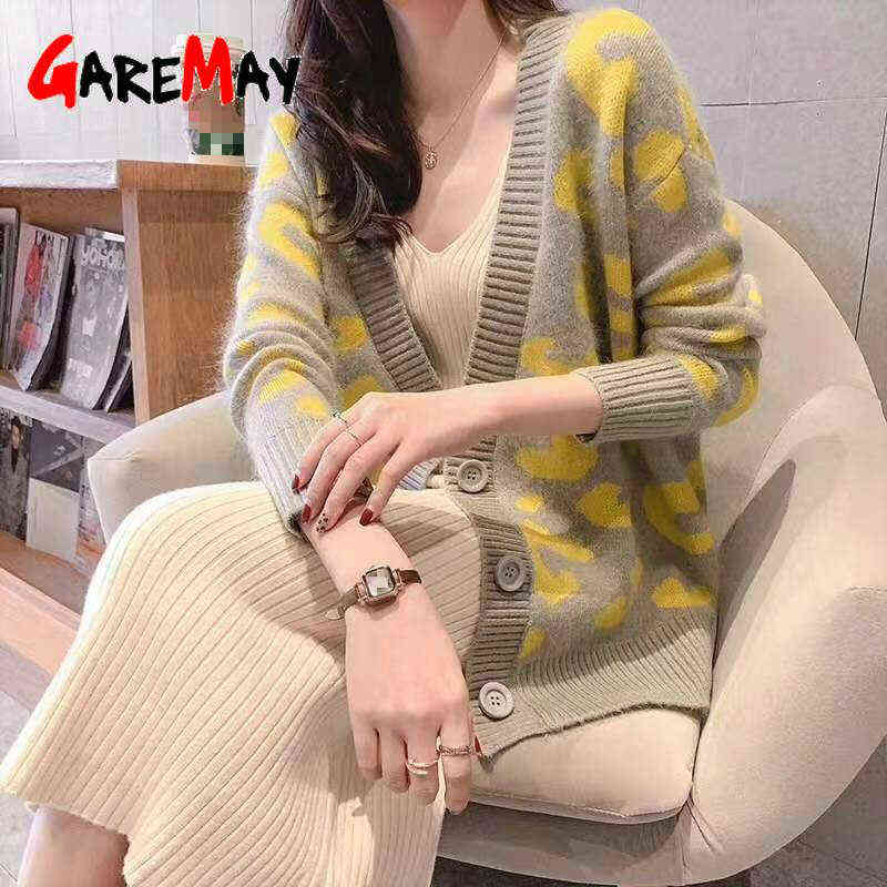 Autumn Winter Knitted Leopard Sweaters Women Korean V Neck Thick Print Cardigan Coat Loose Button Outwear Tops 211109