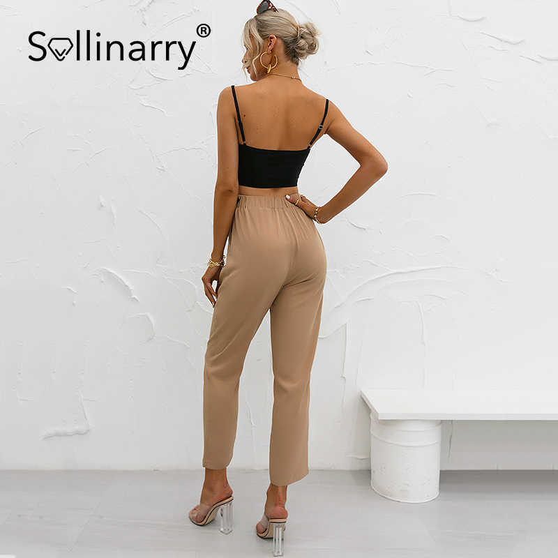 Sollinarry Asymmetric belt trousers Casual High Waist Khaki Pants Women Summer Brown Ladies Office Trousers Pocket Female Pants 210709